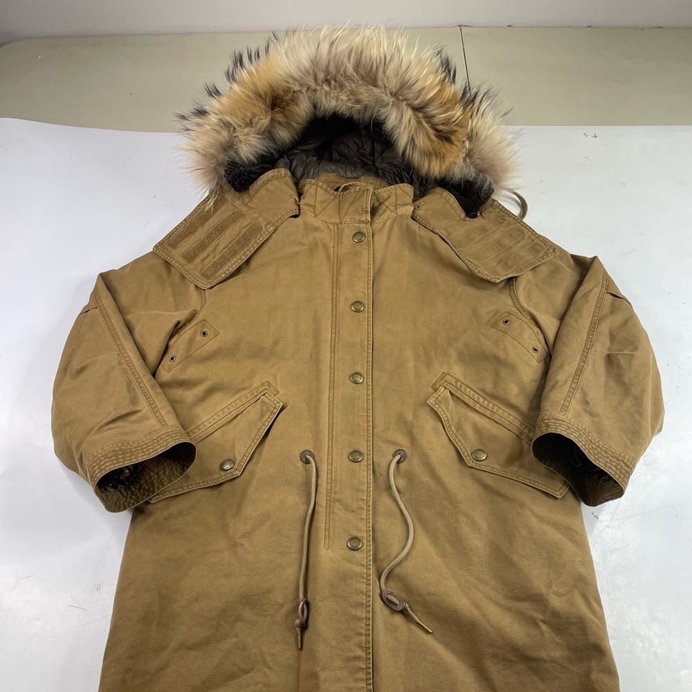 Burberry Brit canvas jacket plaid liner fur trim hood size small
